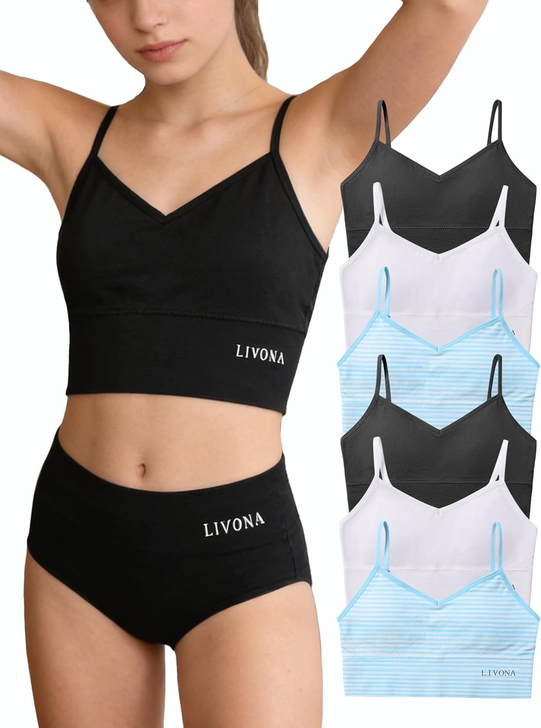Livona 6 Pack Sports Bras for Girls - Padded, Crop Cami Tank Top (6-14)