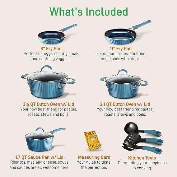 NutriChef NCCW11BL Antihaft-Kochgeschirr Excilon Home Kitchen Ware Töpfe & Pfannenset mit Topf, Bratpfannen, Kochtöpfen, Deckeln, Utensilien PTFE / PFOA / PFOS frei, 11 Stück, Blau