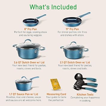 NutriChef NCCW11BL Antihaft-Kochgeschirr Excilon Home Kitchen Ware Töpfe & Pfannenset mit Topf, Bratpfannen, Kochtöpfen, Deckeln, Utensilien PTFE / PFOA / PFOS frei, 11 Stück, Blau
