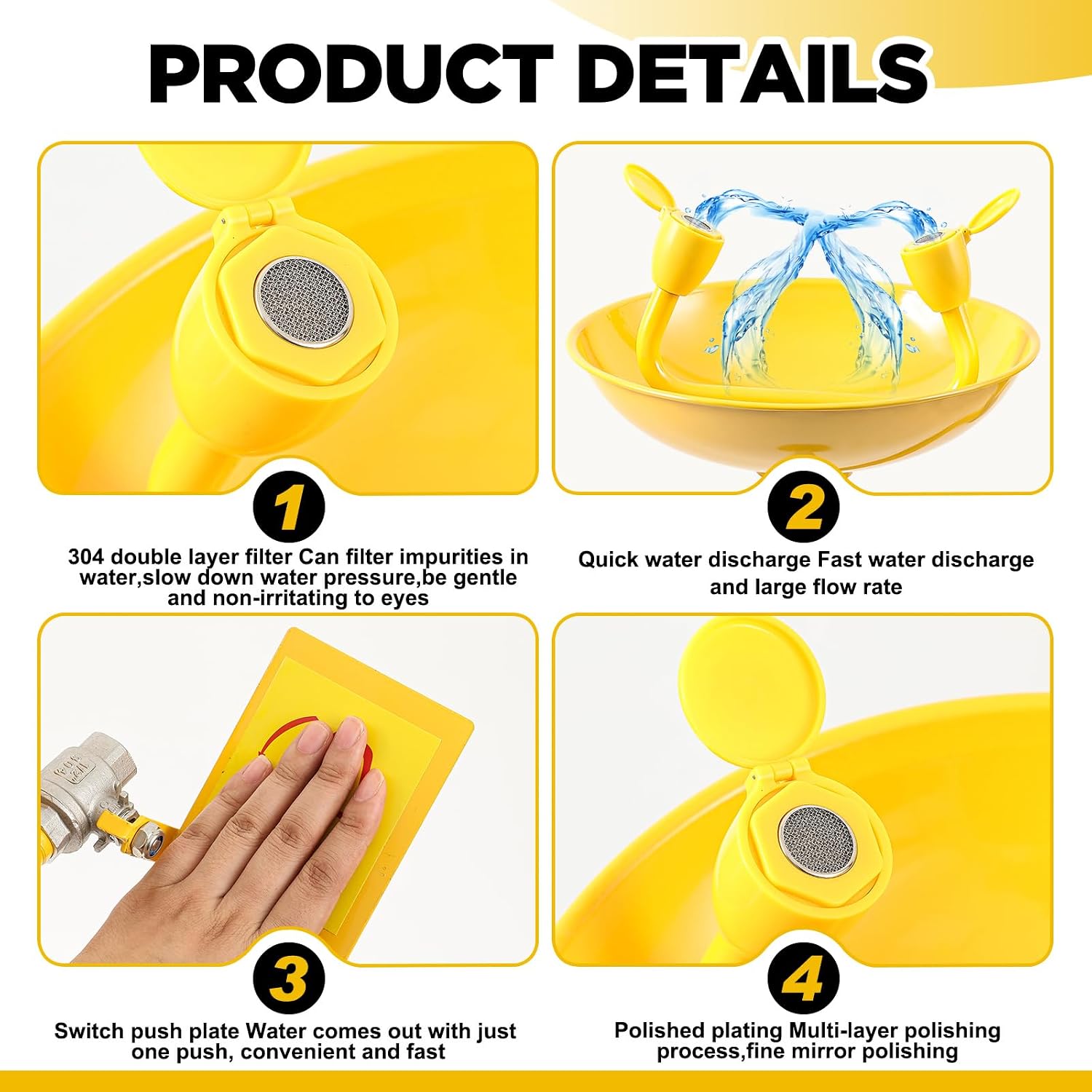 Yaocom Eye Wash Station Stand up Emergency Pedestal Mounted Eyewash Station Adjustable Water Flow Hands Free Operation Stainless Steel Floor Mount Eyewash with Dual Spray Head and Pedal(Yellow)