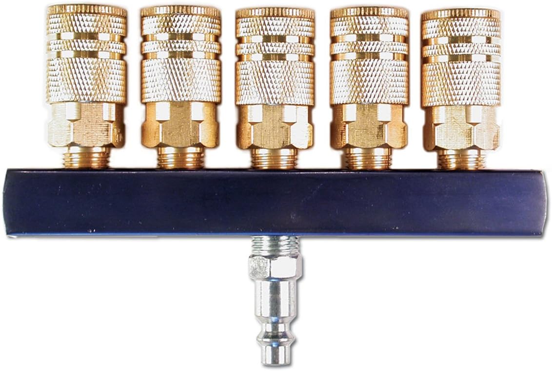 Primefit M14025-7 5-Way Air Manifold with 1/4" Industrial 6-Ball Brass Couplers, 1/4"
