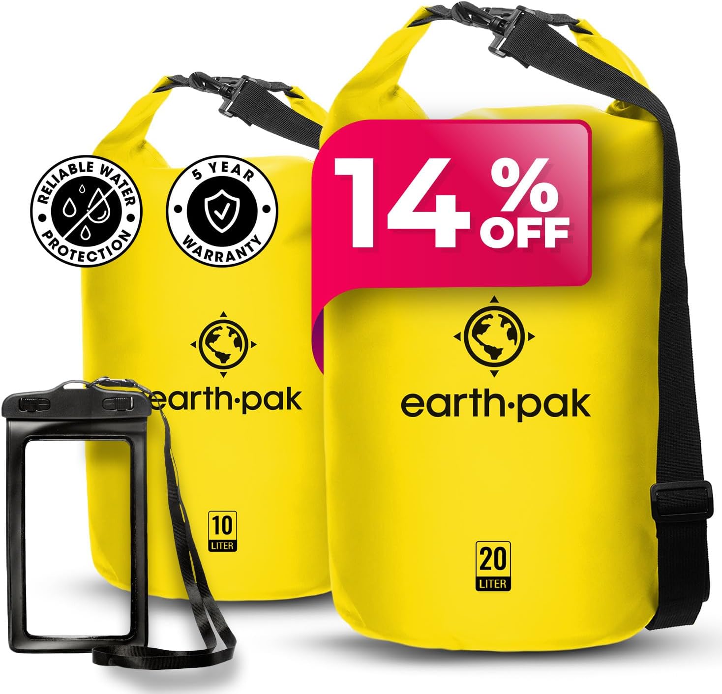 Earth Pak Waterproof Dry Bag - Roll Top Waterproof Backpack Sack (10L Yellow & 20L Yellow)