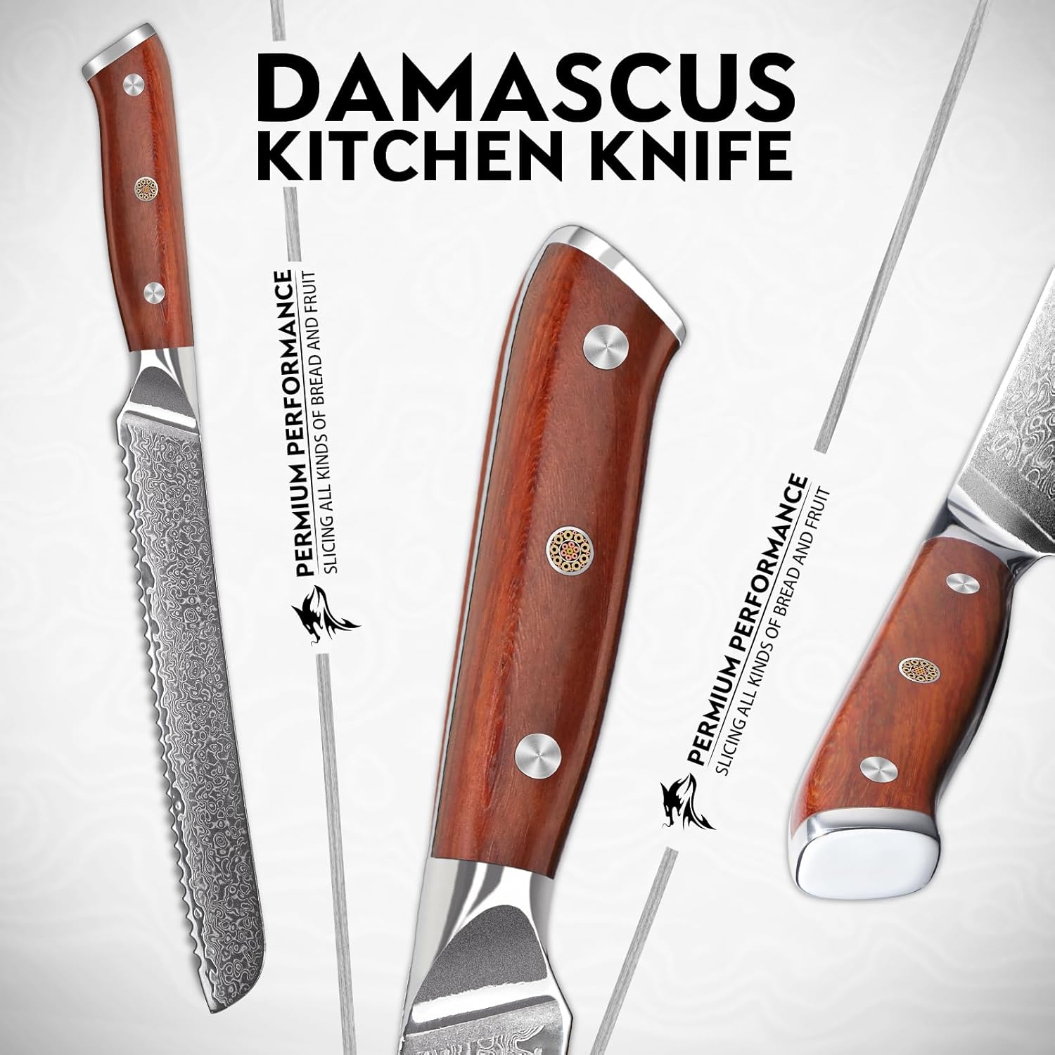 Purple Dragon 9 pcs Chef Knife Set, Butcher Knife Set with Damascus Bread Knife 8 Inch