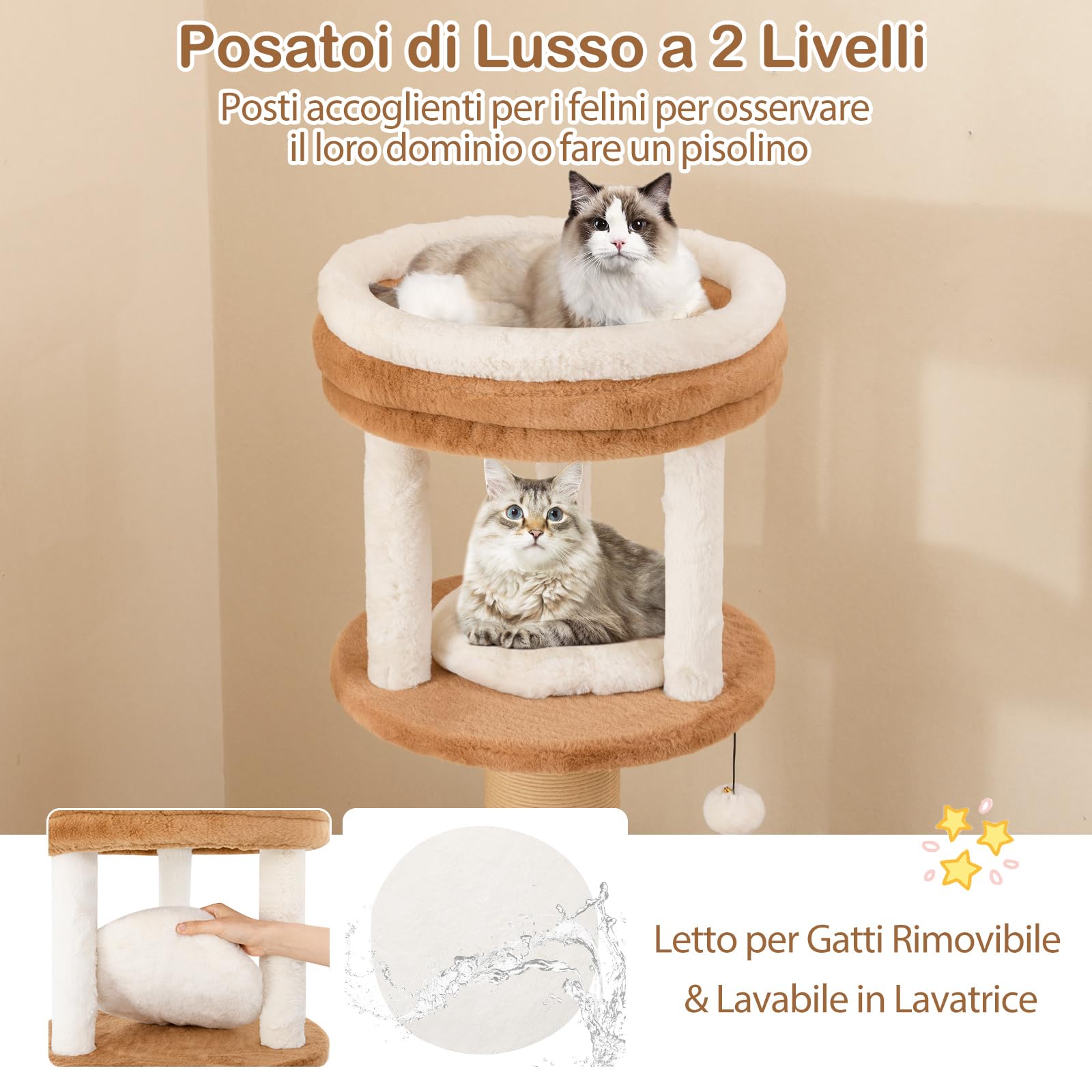COSTWAY Tiragraffi per Gatto Alto 165 cm, Albero Tiragraffi Gatto con 4 Piattaforme, 4 Pali Sisal, Spazzola, Corda e Palla Pompon, Torre Tiragraffi per Gatti Imbottito Rimovibile, Caramello