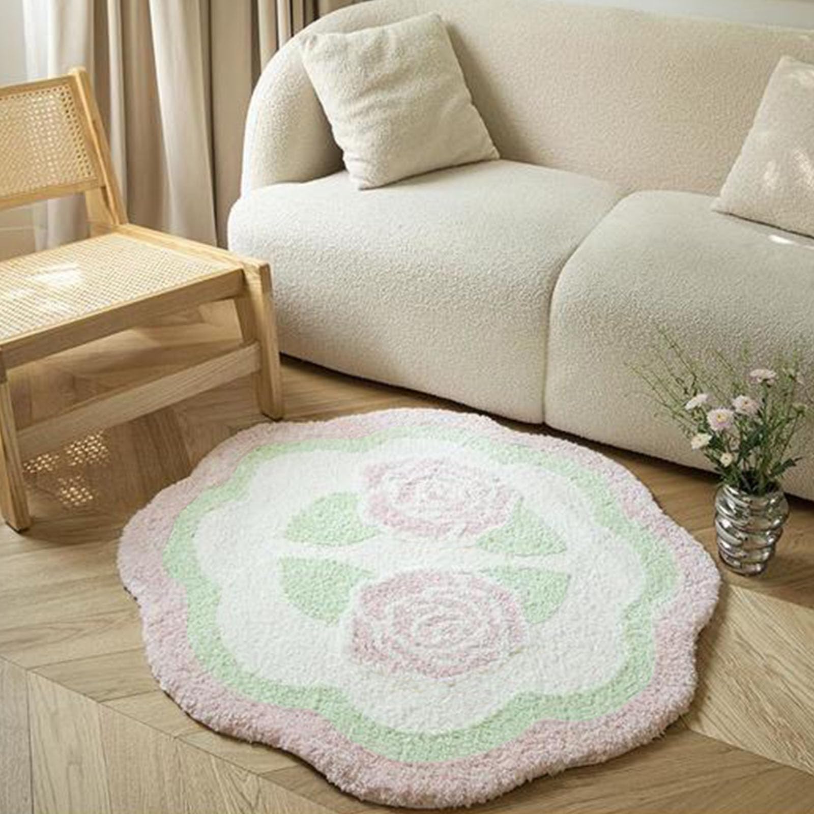 Tapis de bain en cachemire artificiel rose motif floral | 99 cm tapis de douche antidérapant doux