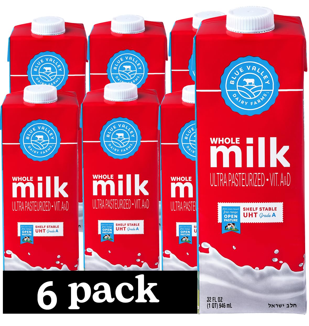 Blue Valley Grass-Fed Shelf-Stable Whole Milk, UHT No Refrigeration, Vitamin D, 32oz 6-Pack - Cholov Yisroel Kosher