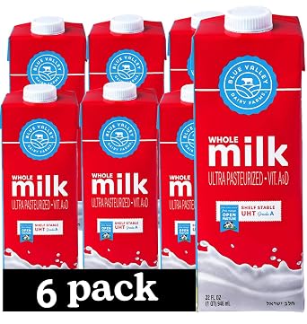 Blue Valley Shelf Stable Milk,Whole, with vitamin D - long life milk no refrigeration needed 32 Fl Oz-6 PACK Cholov Yisroel, UHT Pasteurized Milk boxes tetra pak.
