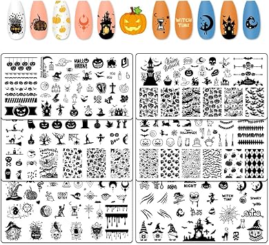 Hying 6pcs Halloween Nail Art Stamping Plates for Women Nail Art, Stainless Steel Jack-o-Lantern Pumpkin Nail Plates Template Set for Halloween Decoration Spooky Blood Spiderweb Stamp Templates Kit