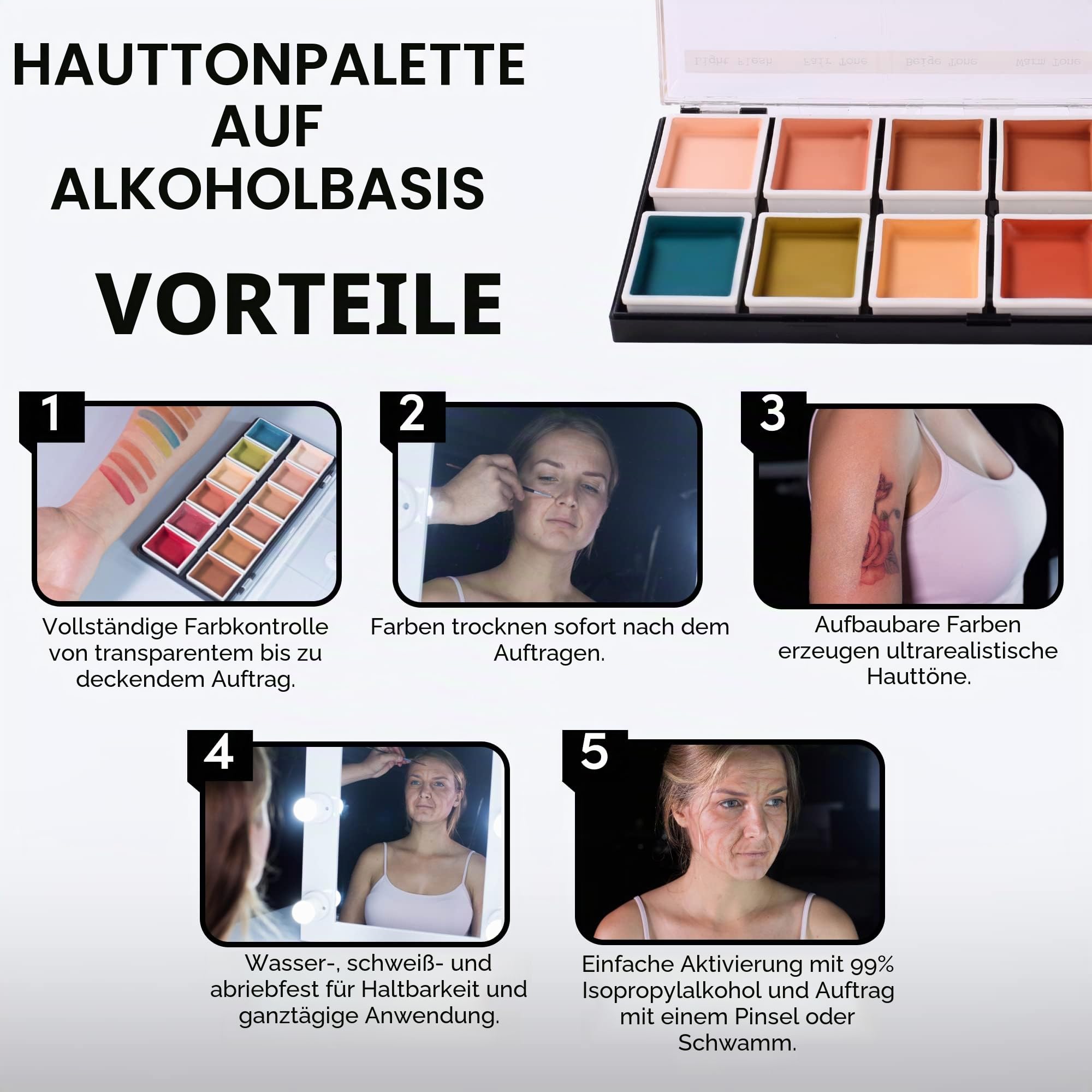 Narrative Cosmetics 12 Farben Hautfarbtöne Alkohol-aktivierte Schminkpalette für Spezialeffekte – Wasserfest Hautfarbtöne Make-up für professionelle Visagisten