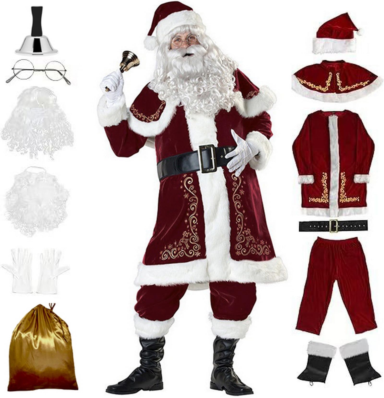 Licus Men's Deluxe Santa Claus Costume 12pcs Adult Velvet Christmas Santa Suit (Christmas Red, 2XL) — image 1