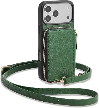 ZVE for iPhone 17 Pro Max Wallet Case Crossbody, Zipper Purse with Card Holder Wrist Strap for Women 6.9" Dark Green