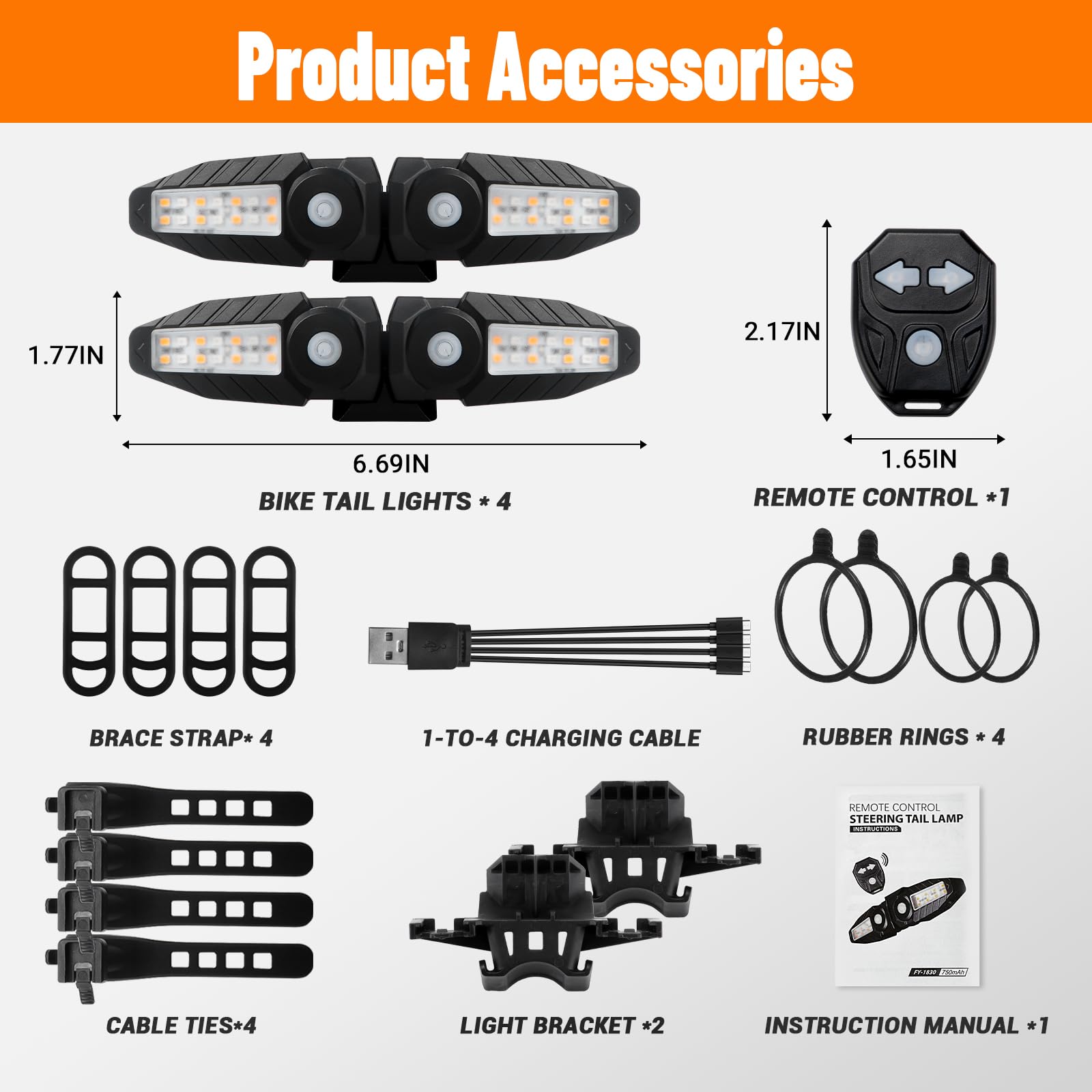 4 X Indicatori di direzione per bici con proiettore 5 modalità Fanale posteriore per bici ricaricabile tramite USB, telecomando Indicatore per bicicletta diviso anteriore e posteriore