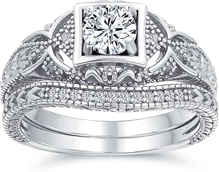 AAA CZ Victorian Vintage Art Deco Style Heirloom Milgrain 1CTW Princess Brilliant Solitaire Engagement Ring Wedding Set Contoured Band For Women .925 Sterling Silver