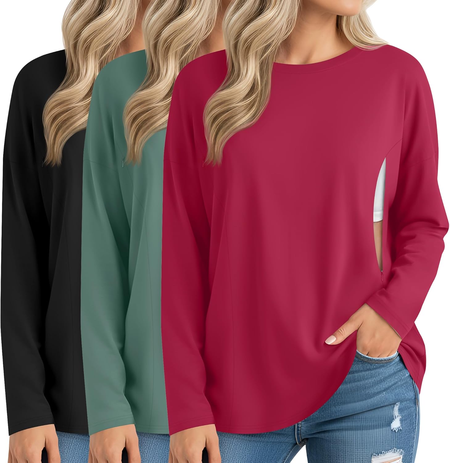 3 Pack Women's Nursing Breastfeeding Tops Long Sleeve Maternity Shirts Oversize Hidden Zipper Pregnancy Clothes
