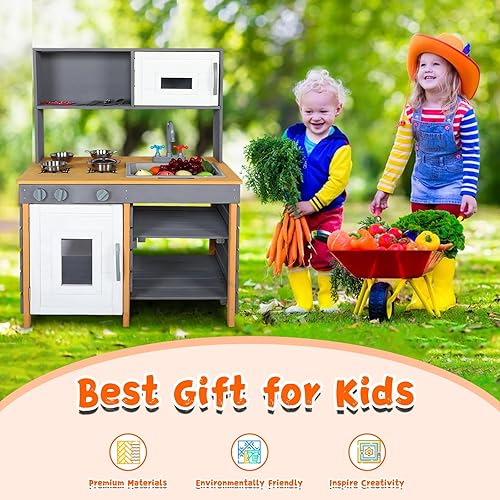 Miniatura 6 de Cocina de barro de madera, cocina de juego al aire libre con fregadero extraíble, caja de agua y grifo, parte superior de estufa, bolsas de