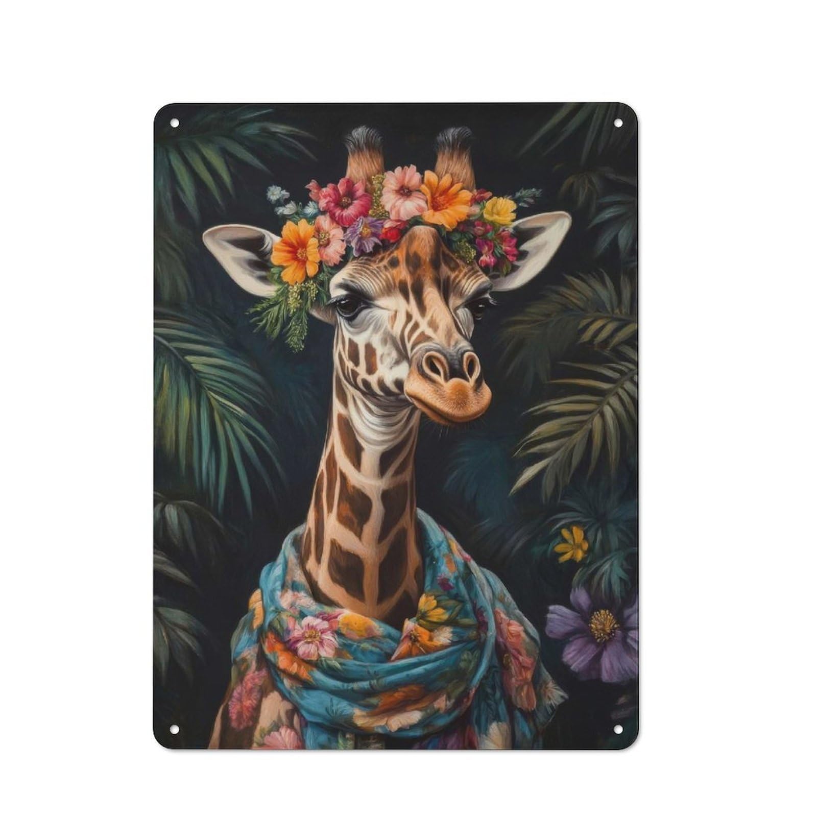 Giraffe in Floral Attire Rustic Tin Sign 40x30cm for Man Cave Or Games Room, A Decorative Gift for A Newly Furnished Man Cave And Games Room