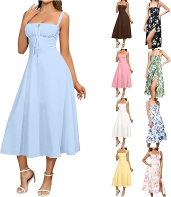 Cottagecore Dress Milk Maid Dress for Women Floral Corset Flowy Slit Dresses Summer Boho Spaghetti Straps Square Neck Midi Dress Vestidos De Playa Mujer