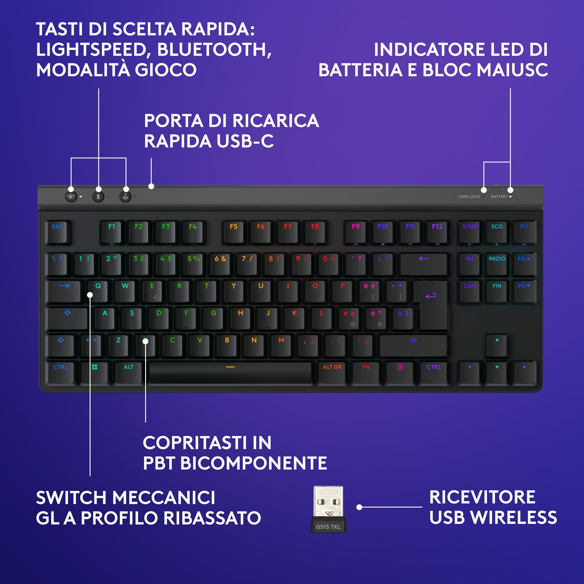 Logitech G G515 LIGHTSPEED TKL Tastiera gaming wireless, LIGHTSYNC RGB, switch meccanici Tactile, PBT, ITA QWERTY, Nero
