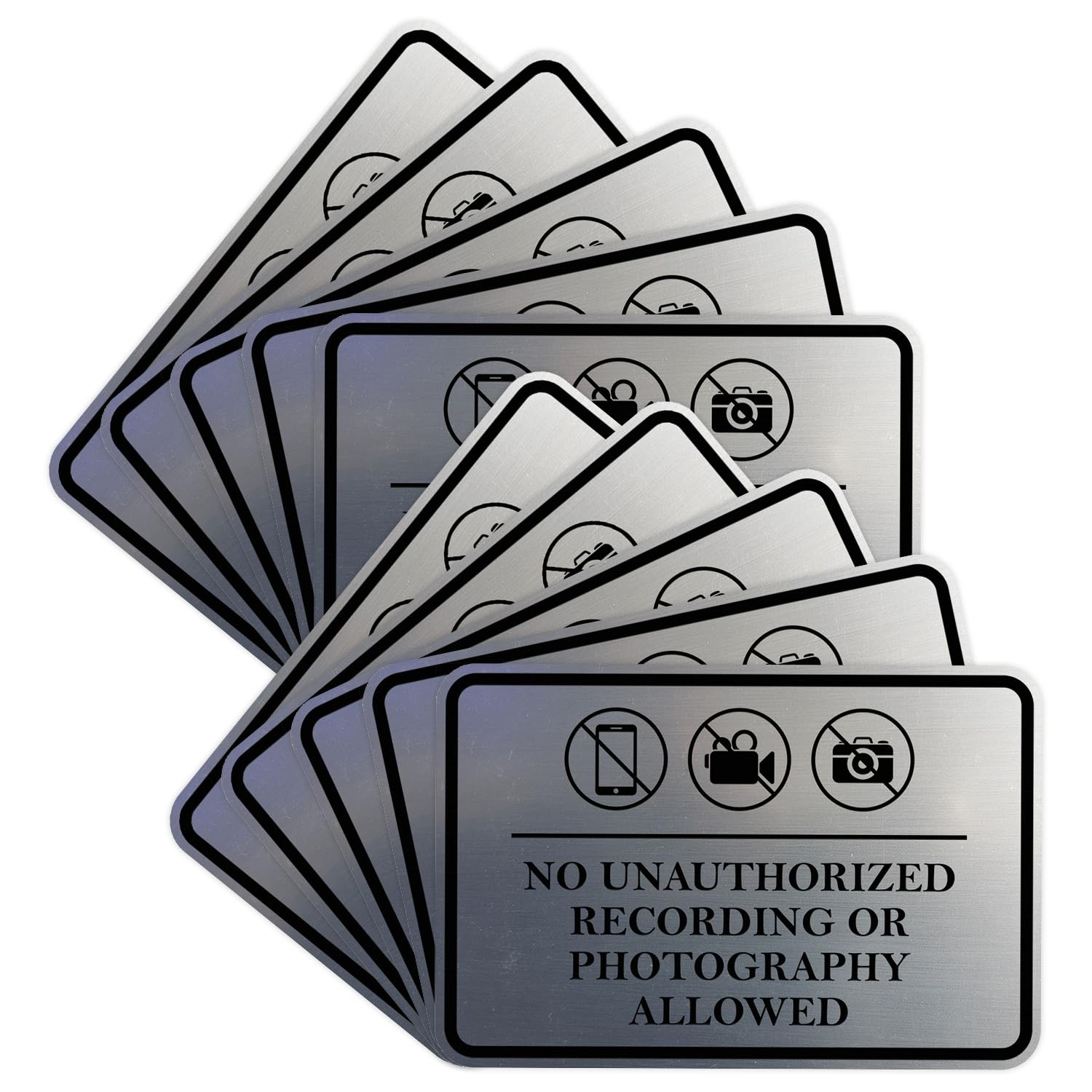 Classic Framed No Unauthorized Recording or Photography Allowed Door or Wall SignDurable Material | Easy Installation (Brushed Silver) - Small (10 Pack)