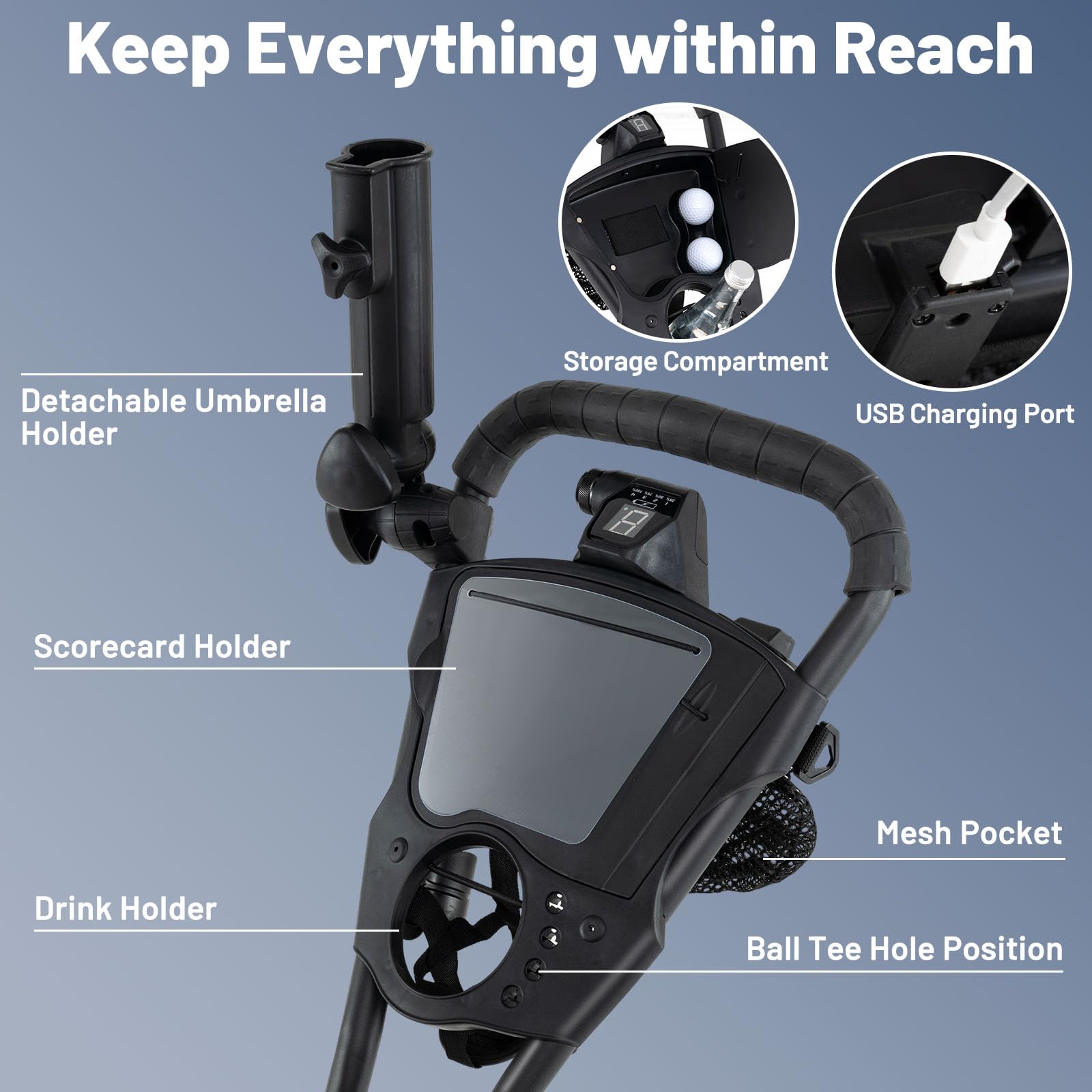 LIFEZEAL 3 Rad Elektrischer Golftrolley, Faltbarer Push Golf Trolley mit 9 Geschwindigkeitsstufen, Golfwagen Elektro mit Becherhalter, Kartenhalter und USB-Port