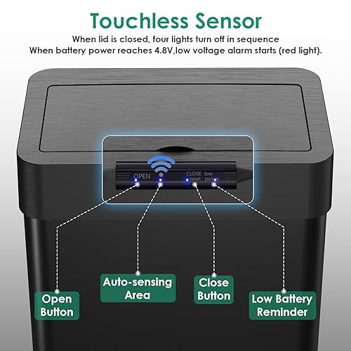 Miniatura 7 de Arlopu Cubo de basura automático, cubo de basura de acero inoxidable con sensor de movimiento, cubo de basura inteligente sin contacto, con tapa de