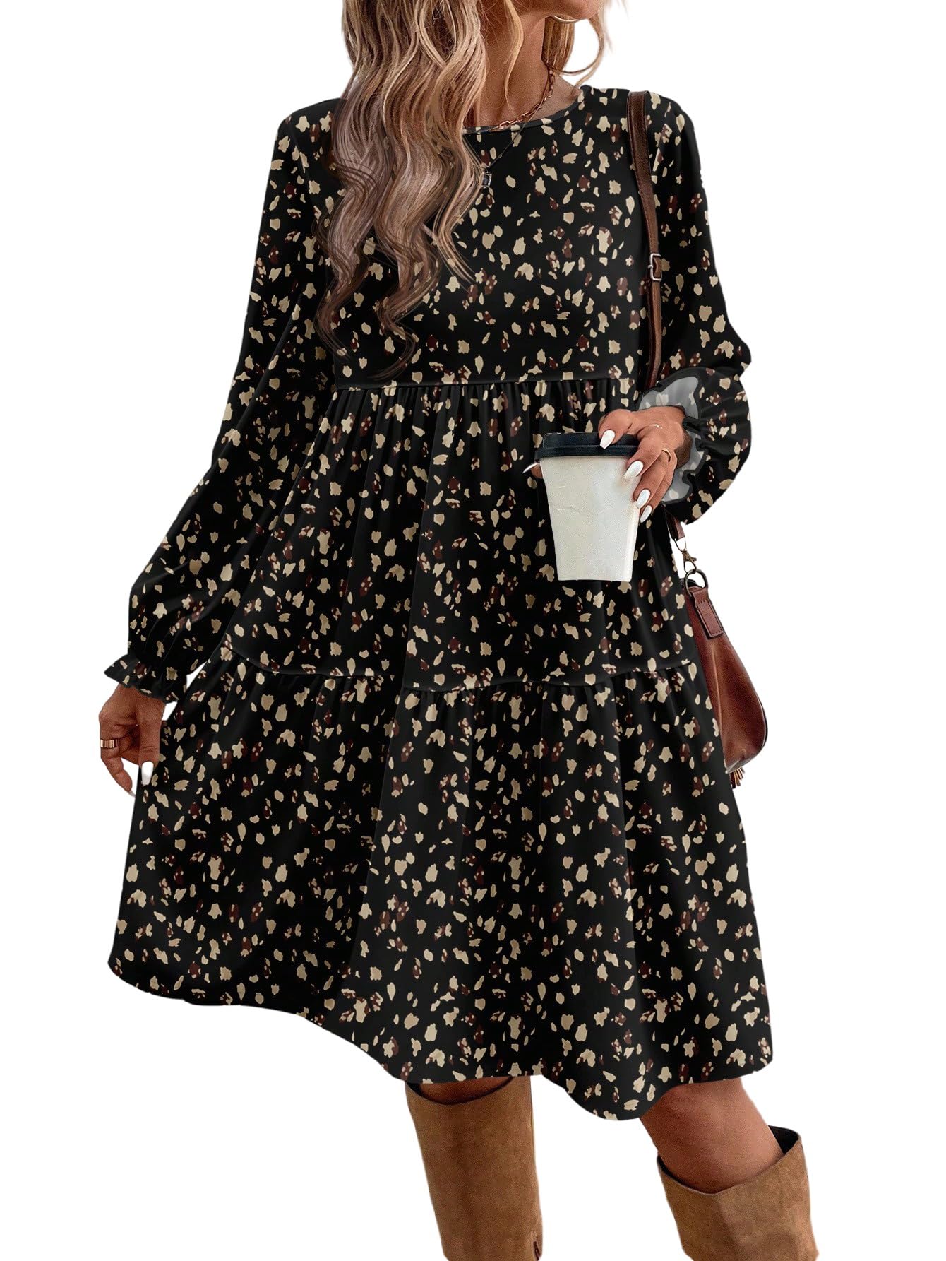 SweatyRocks Vestido de manga larga para mujer, estilo informal, informal, con flores, túnica, con volantes