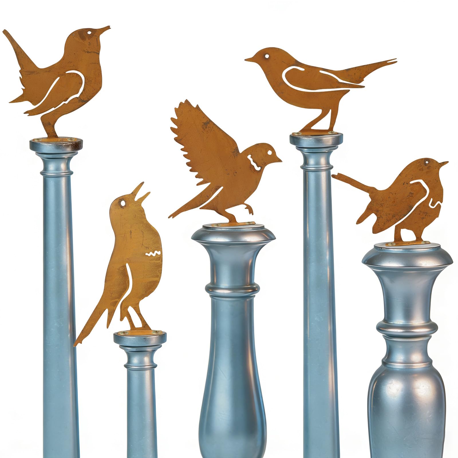 XIXUANAI 5 Pcs Metal Bird Garden Ornaments, Lifelike Rusty Birds Garden Decorations, Bird Silhouette Fence Decor, Rusty Metal Garden Ornaments for Patio Decoration, Outdoor Fence Toppers