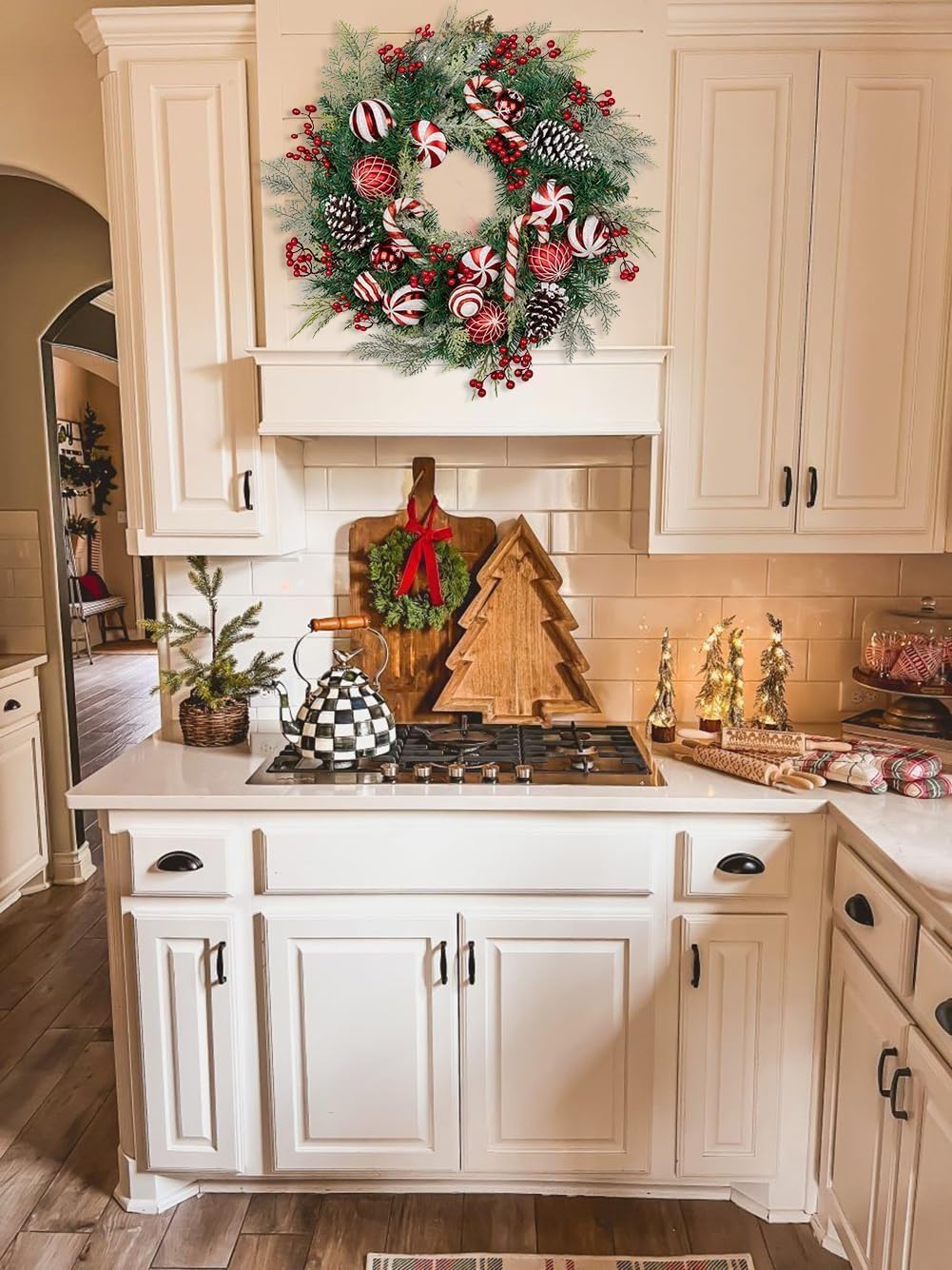 24 inch Christmas Door Wreath, Norfolk Pine Wreaths for Front Door with Candy Cane Red and White Ball Pinecones Berries Reef for Fireplace Xmas Decorations, Wall Window Indoor Outdoor Decor