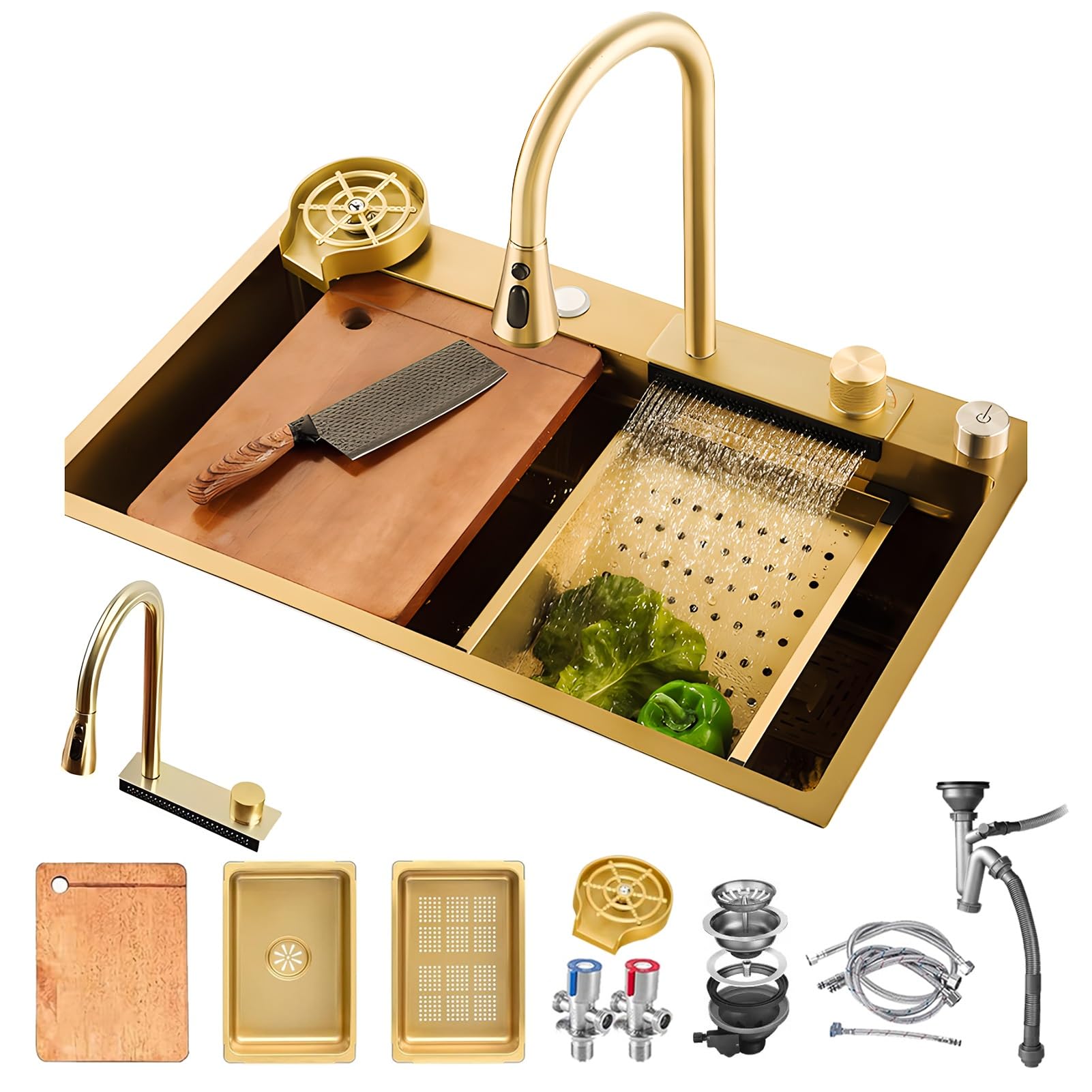 ZQFHSX Gold Waterfall Kitchen Sink - Nano Stainless Steel Single Bowl with Golden Pull-Out Faucet, Full Accessory Kit, Multifunctional Workstation for Modern Kitchens(68x45cm)