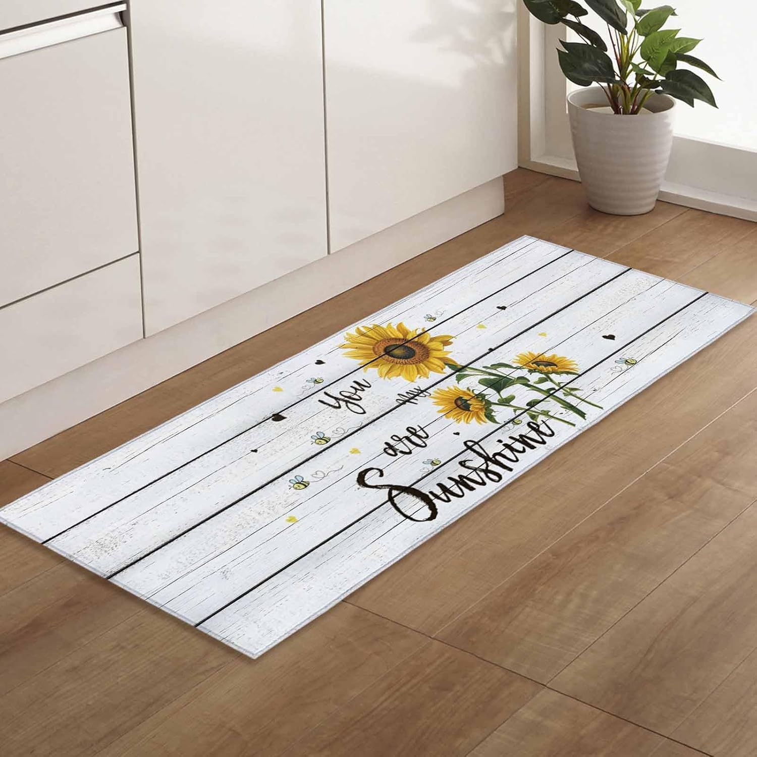 Z&L Home Kitchen Rug Sets 2 Piece Floor Mats Non-Slip Rubber Backing Area Runners Sunflowers Bee on Wooden Doormat You are My Sunshine Indoor Washable Carpet Door Mat Pad