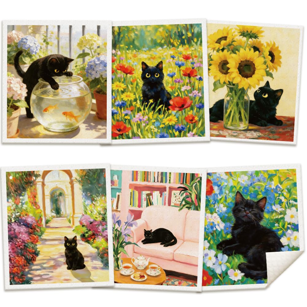 ORIGACH 6 PCS Black Cat and Flower Swedish Dishcloths for Kitchen
