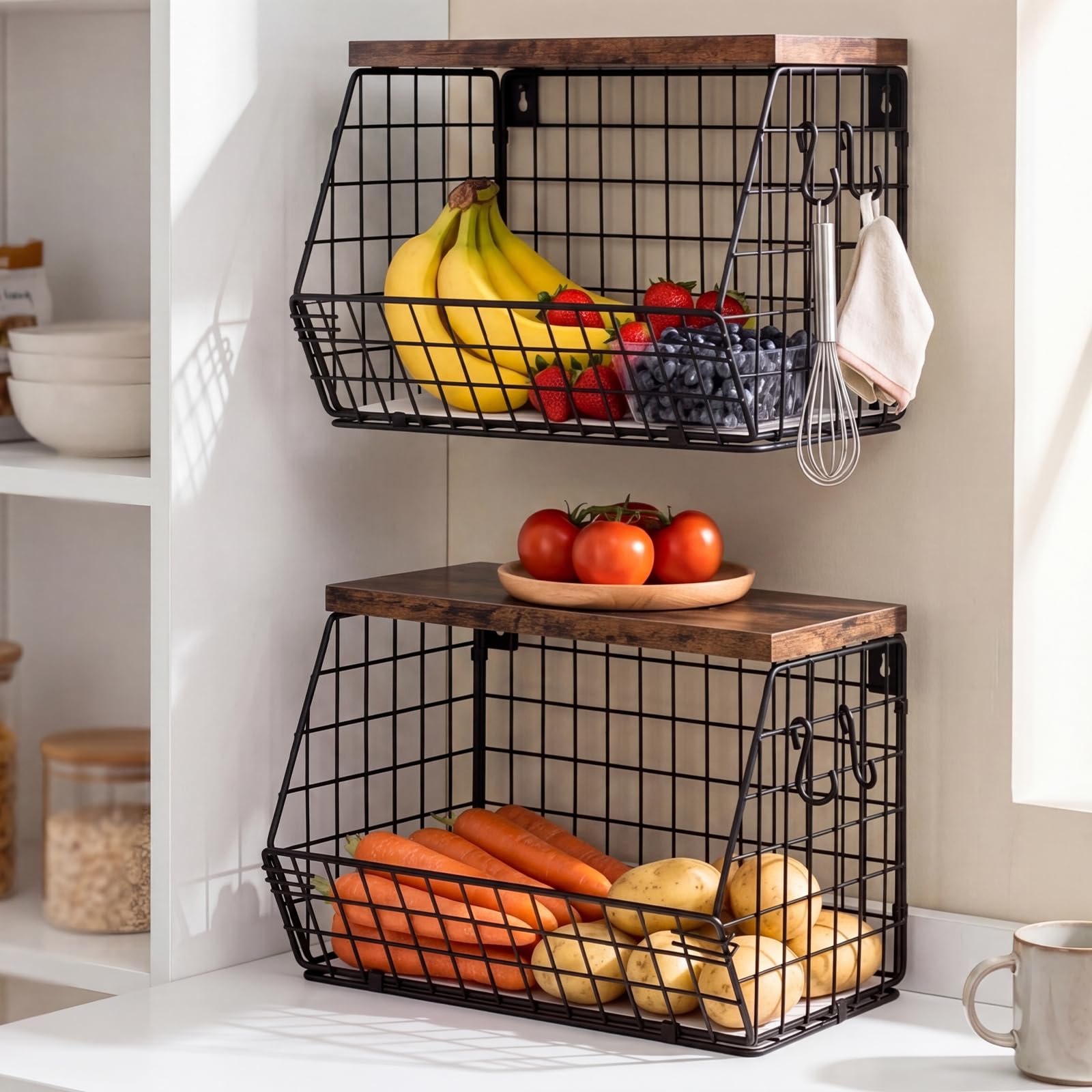 TOQUE Fruit Basket Wire Basket with Wood Top Wall Mount Stackable Black