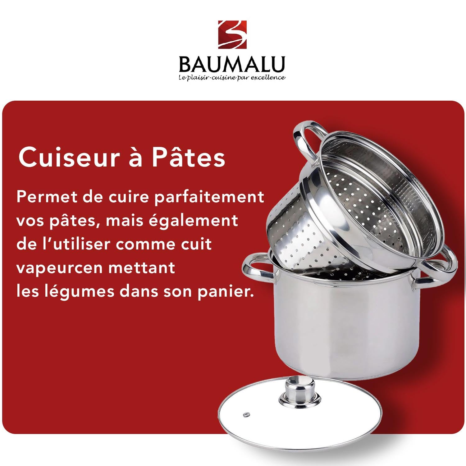 BAUMALU - Cuiseur à Pâtes - Acier Inoxydable - Tous Feux dont Induction - Triple Fond Diffuseur, Répartition Homogène de la Chaleur - Couvercle en Verre avec Bords Inox et Trou Vapeur - Ø24cm