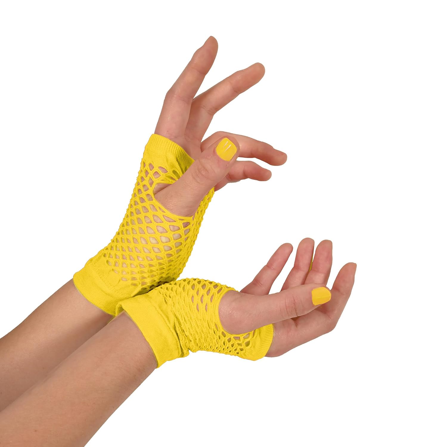 Beistle Yellow Short Fishnet Gloves – 2 Pairs, Fingerless Stretch Mesh Costume Accessories with Elastic Wrist Cuffs, Retro 80s Neon Party Wear, Halloween Outfit Accents for Dance Rave Themed Events