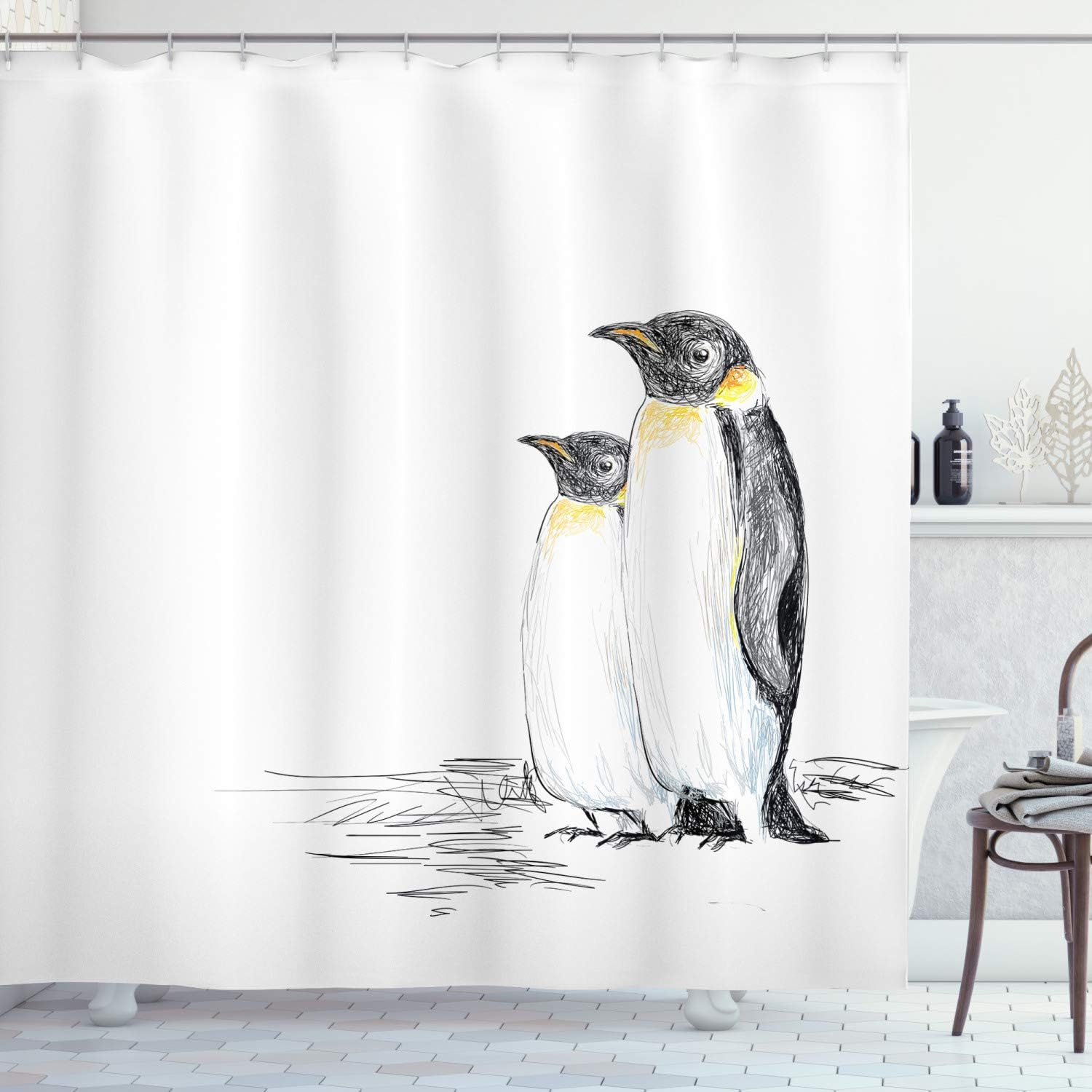 Ambesonne Sea Animals Shower Curtain, Hand Drawn Art Penguins Aquatic Flightless Birds Polar South Pole Wildlife, Cloth Fabric Bathroom Decor Set with Hooks, 69" W x 84" L, Charcoal White