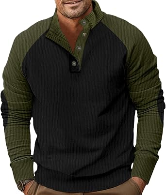 Corduroy Sweatshirts for Men Vintage Clolor Block Mock Neck Quarter Button Tops Ribbed Winter Fall Pullover