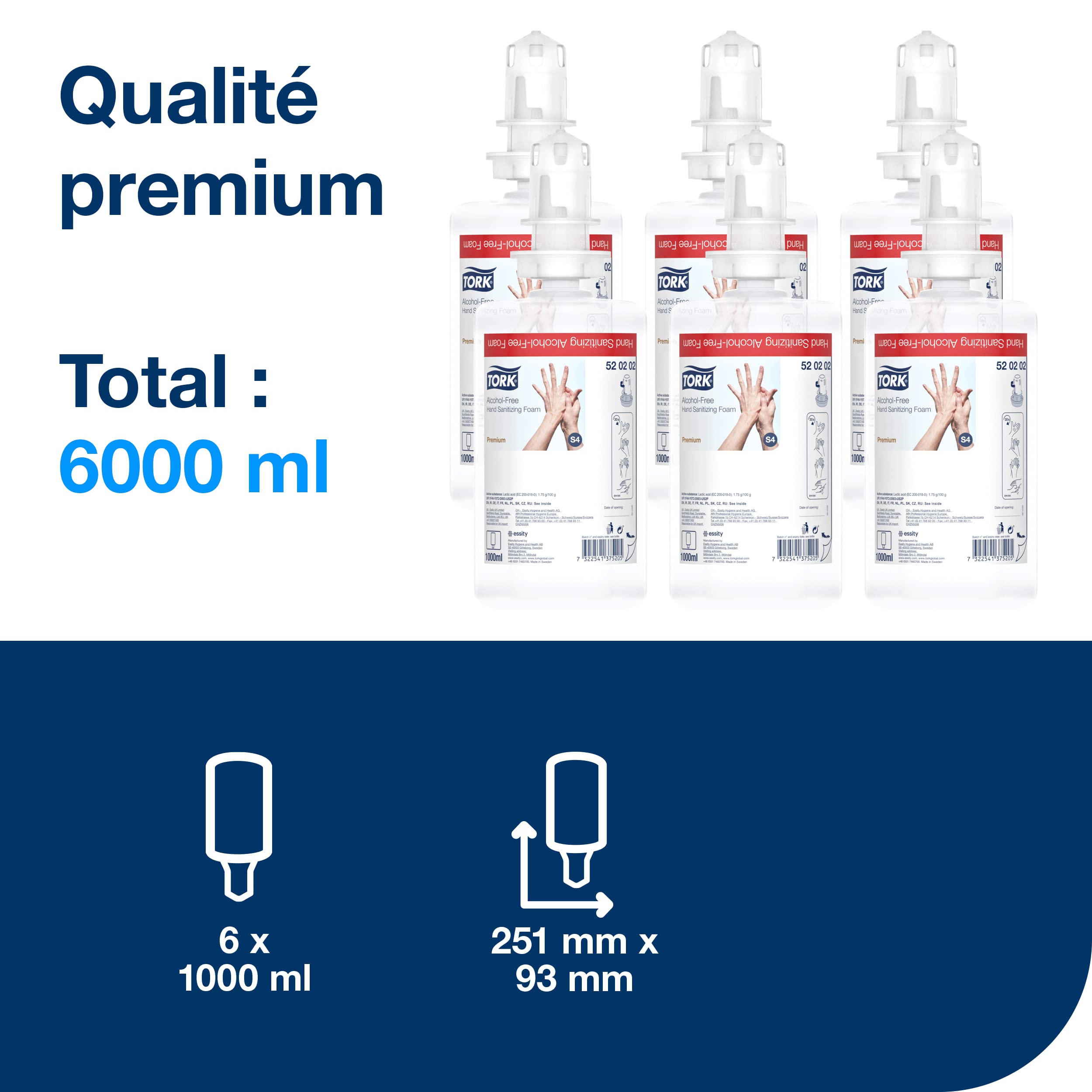 Tork Mousse désinfectante pour les mains sans alcool S4, testée sous contrôle dermatologique, 6 x 1000 ml, 520202
