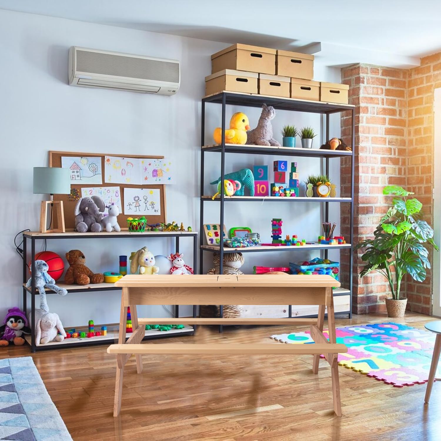 3-in-1 Kids Outdoor Wooden Picnic Table with Umbrella, Convertible Sand & Water, Gray Solid Wood 3-in-1 Design Outdoor Lawn, Porch Family-Friendly