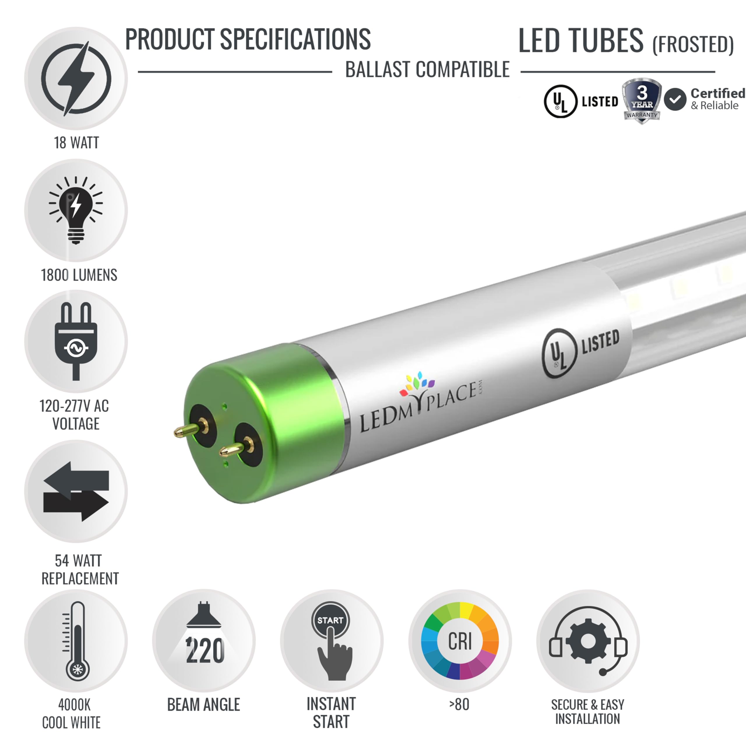 LEDMyplace 18W 4ft LED Glass Tube, 4000K Cool White, 1800 Lumens