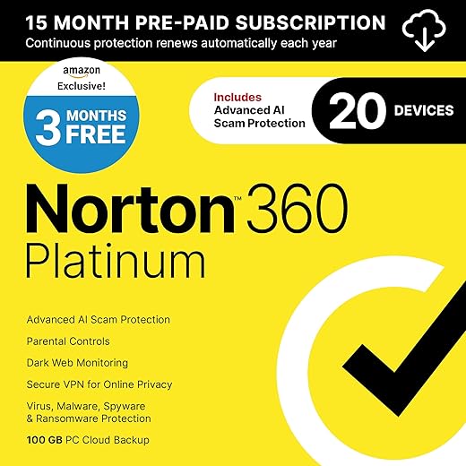 Norton 360 Platinum 2026 Ready, Antivirus software for 20 Devices with Auto-Renewal – 3 Months FREE - Includes Advanced AI Scam Protection, VPN, Dark Web Monitoring & PC Cloud Backup [Download]