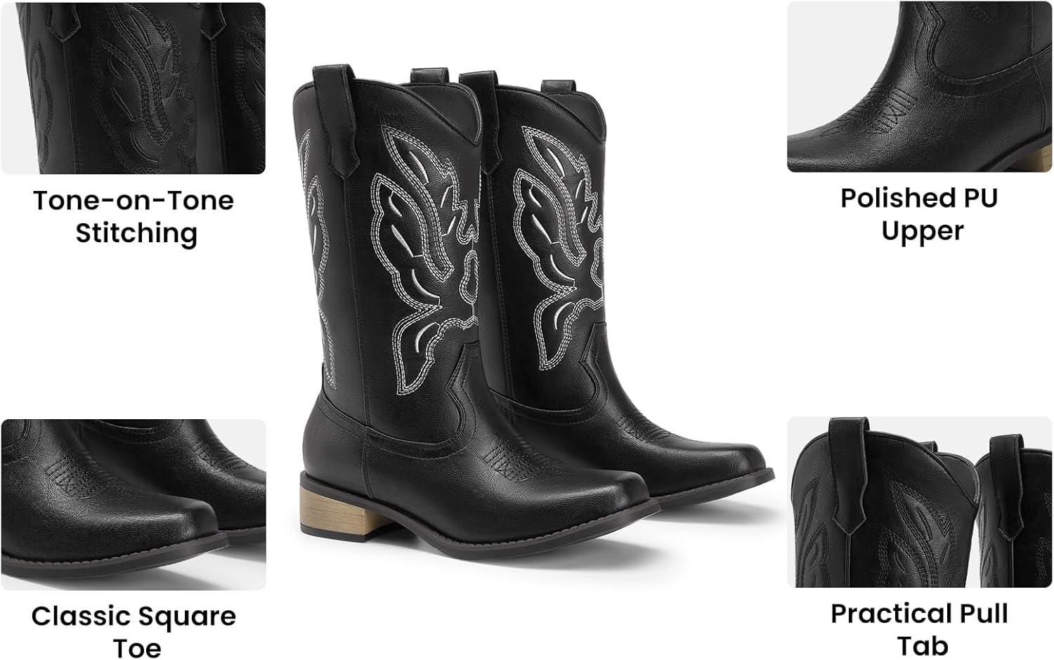 Athlefit Cowboy Cowgirl Boots for Women Mid Calf Square Toe Comfortable Pull On Chunky Heel Embroidery Western Boots - Image 4