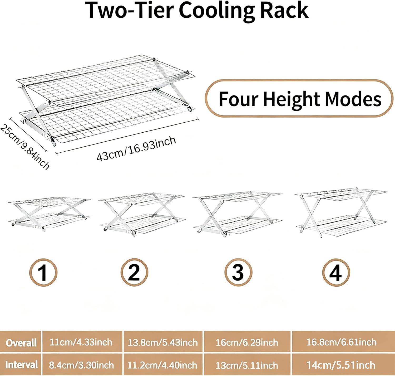 Collapsible Cooling Rack with Adjustable 3 Setting, Wire Cooling Roasting Cooking Baking Drying Rack for Cookies Bread Turkey, Candy, Fruit, Snacks (Silver- 2 Tier)