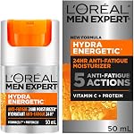 L’Oréal Paris Men Expert Anti Fatigue Daily Moisturizer for Men with Vitamin C & Protein, 24HR Non Greasy Hydration, For Dry and Dull Skin, Reduces look of fine lines & dark circles, Hydra Energetic, 50ml
