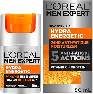 L’Oréal Paris Men Expert Anti Fatigue Daily Moisturizer for Men with Vitamin C & Protein, 24HR Non Greasy Hydration, For Dry and Dull Skin, Reduces look of fine lines & dark circles, Hydra Energetic, 50ml