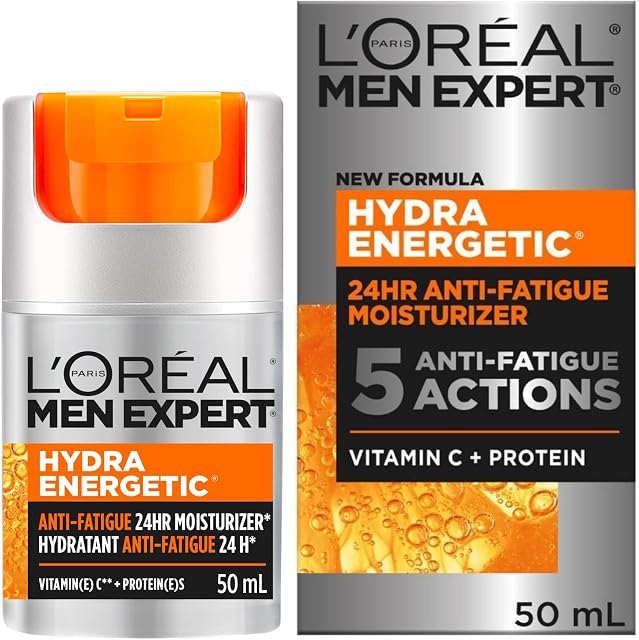 L’Oréal Paris Men Expert Anti Fatigue Daily Moisturizer for Men with Vitamin C & Protein, 24HR Non Greasy Hydration, For Dry and Dull Skin, Reduces look of fine lines & dark circles, Hydra Energetic, 50ml