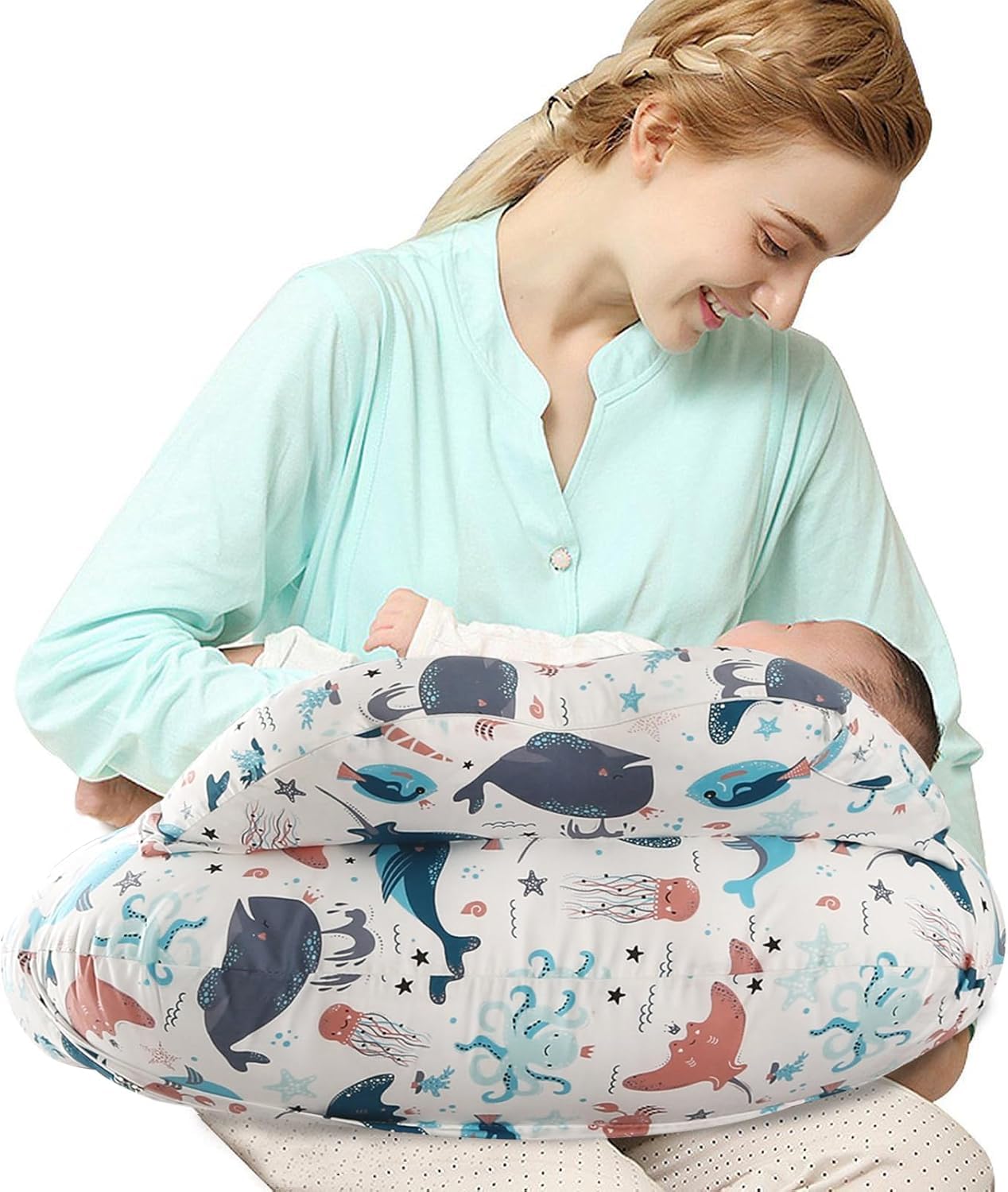SHANNA Stillkissen XXL, Flaschenfütterung Still Kissen, Multifunktionales Nursing Breastfeeding Pillow mit Waschbarem Bezug aus 100% Baumwolle, Verstellbare Taillengurtunterstützung(Waldtiere)