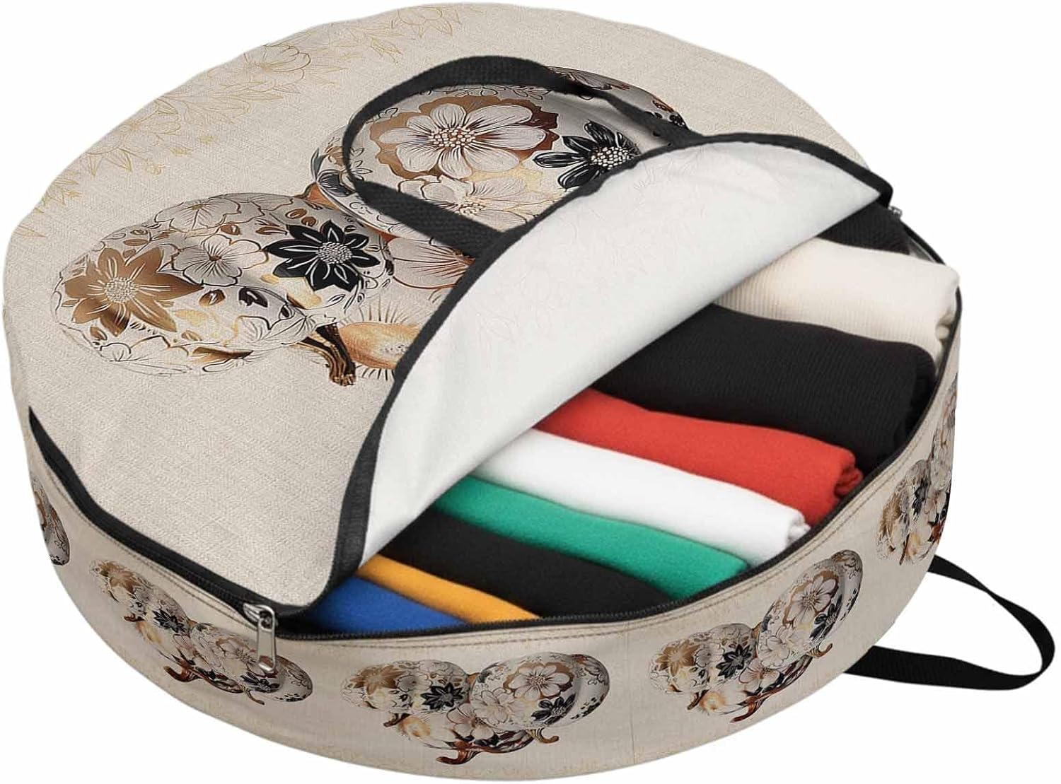 Fall Thanksgiving Round Storage Bag 36 Inch, Pumpkin Rustic Floral Botanical Leaves Linen Clothes Storage Container with Handles Heavy Duty Organizer for Comforter, Bedding & Holiday Wreaths