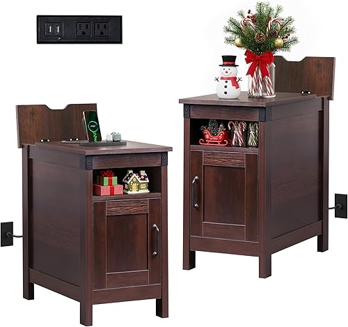 WLIVE Juego de 2 mesas de extremo estrecho con estación de carga, mesas auxiliares para sala de estar, espacios pequeños, sofá, juego de mesita de