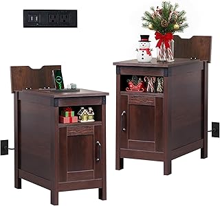 WLIVE Narrow End Table Set of 2 with Charging Station, Side Tables for Living Room, Small Spaces, Couch, Night Stand Set with Storage, USB Ports and Outlets,Brown