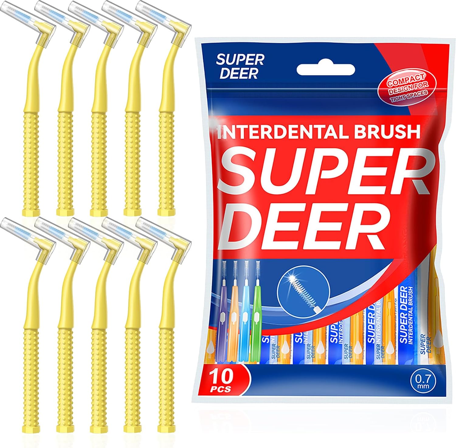 10 Count Interdental Brushes L-Shaped Interdental Brushes Between Teeth Soft 0.7mm Sizes Braces Brush with Non-Slip Handle for Dental Care